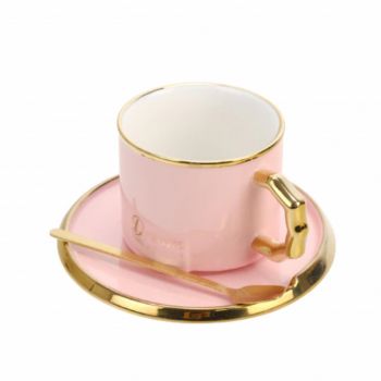 Cana din ceramica si lingurita Pufo Luxury pentru cafea sau ceai, 230 ml, roz la reducere