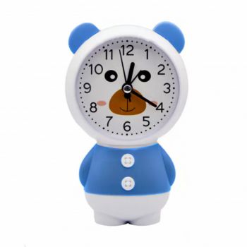 Ceas de masa desteptator pentru copii Pufo, model Ursuletul Zambarici, 16 cm, alb/albastru ieftin