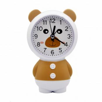Ceas de masa desteptator pentru copii Pufo, model Ursuletul Zambarici, 16 cm, alb/maro ieftin
