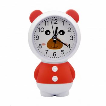 Ceas de masa desteptator pentru copii Pufo, model Ursuletul Zambarici, 16 cm, alb/rosu ieftin