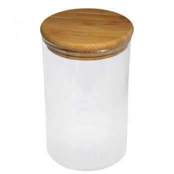 Recipient din sticla borosilicata Pufo Taste pentru zahar, cafea, ceai sau condimente, cu capac ermetic din bambus, 1L