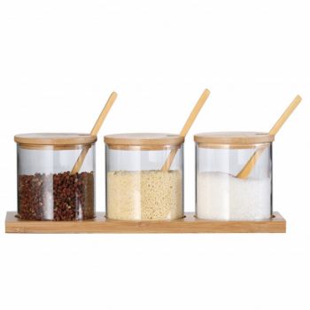 Set 3 recipiente Pufo Sole pentru zahar, cafea, ceai sau alte condimente, cu lingurita si suport din lemn