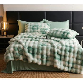 Lenjerie pat dublu, ExtraPufoasa, din Blanita artificiala de Iepure, 6 piese - Verde Multicolor la reducere