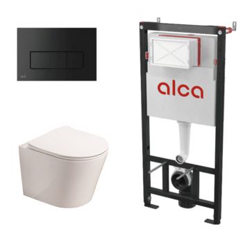 Set complet vas WC suspendat, Fluminia, Clementina Alb, cu rezervor Alca si clapeta neagra