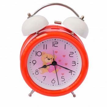 Ceas de masa desteptator pentru copii Pufo Joy, cu buton de iluminare cadran, 16 cm, model Bear in Love, rosu ieftin