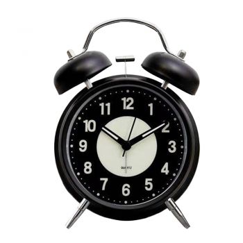 Ceas de masa desteptator Pufo Twinkle cu buton de iluminare cadran, metalic, 15 cm, negru