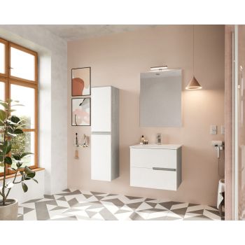 Set Mobilier baie cu lavoar SaviniDue, oglindă și lampă, colecția Eva, lățime de 60 cm, alb lucios cu lemn deschis