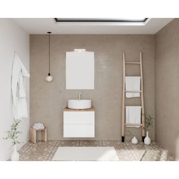 Set mobilier de baie cu blat, oglindă cu LED și lampă SaviniDue, lățime de 60 cm, alb lucios cu blat imitație lemn