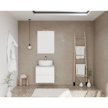 Set mobilier de baie cu blat, oglindă cu LED și lampă SaviniDue, lățime de 60 cm, alb lucios cu blat imitație piatră
