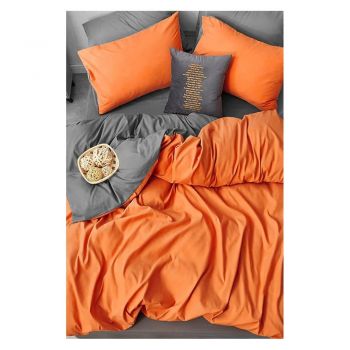 Lenjerie de pat portocalie/gri din bumbac pentru pat dublu/extinsă cu cearceaf inclus/cu 4 piese 200x220 cm – Mila Home