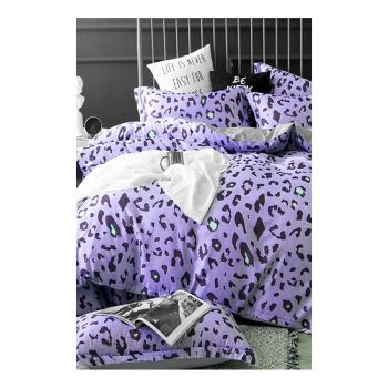 Lenjerie de pat mov din bumbac pentru pat dublu/extinsă cu cearceaf inclus/cu 4 piese 200x220 cm Leopard – Mila Home
