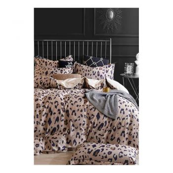 Lenjerie de pat maro din bumbac pentru pat dublu/extinsă cu cearceaf inclus/cu 4 piese 200x220 cm Leopard – Mila Home