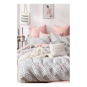 Lenjerie de pat albă/roz din bumbac pentru pat de o persoană/extinsă cu cearceaf inclus/cu 3 piese 160x220 cm Bow and Polka-Dot – Mila Home