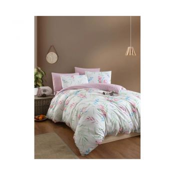 Lenjerie de pat albă/roz pentru pat dublu/extinsă cu cearceaf inclus/cu 4 piese 200x220 cm Leaves – Mila Home
