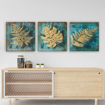 Tablou pânză Frunze, Albastru - Auriu, 30x90 cm, 3 bucăți