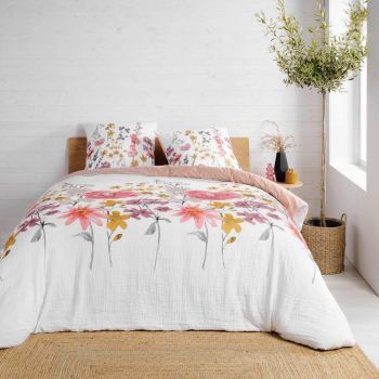Lenjerie de pat albă/roz din muselină pentru pat dublu/extinsă 240x260 cm Rosine – douceur d'intérieur