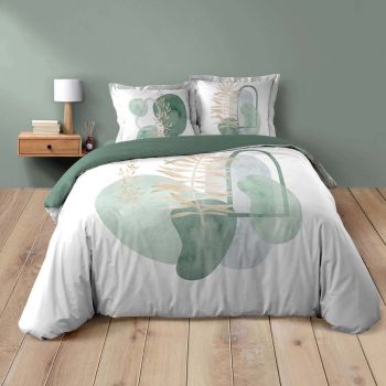 Lenjerie de pat albă/verde din bumbac pentru pat dublu 200x200 cm Terrazia – douceur d'intérieur