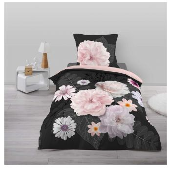 Lenjerie de pat neagră/roz din bumbac pentru pat de o persoană 140x200 cm Floral – douceur d'intérieur ieftina