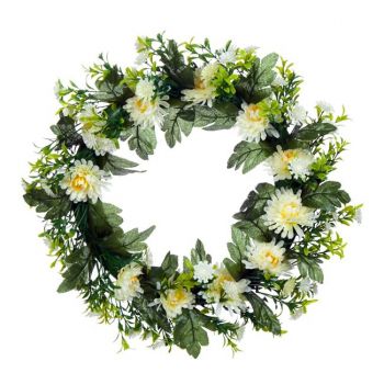 Coronita decorativa artificiala cu crizanteme albe,plastic, 38 cm