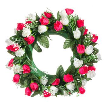 Coronita decorativa artificiala cu trandafir alb-rosu,plastic, 27 cm