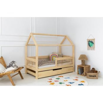 Pat pentru copii în culoare naturală de tip casă/cu extensie suplimentară din lemn de pin cu spațiu de depozitare 140x200 cm Mila MBW – Adeko