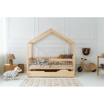 Pat pentru copii în culoare naturală de tip casă/cu extensie suplimentară din lemn de pin cu spațiu de depozitare 90x190 cm Mila RMW – Adeko