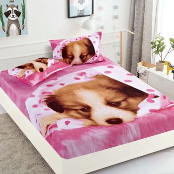 Cearsaf de pat cu elastic si 2 fete de perna Pink Puppy 160x200cm (Finet)