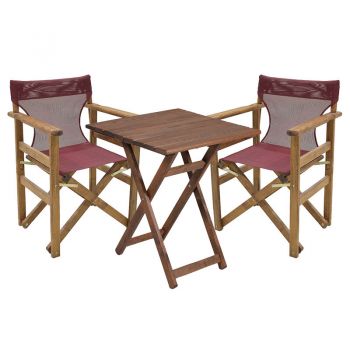 Set de gradina masa si scaune Retto 3 bucati din lemn masiv de fag culoarea nuc, PVC burgundy 70x70x71cm