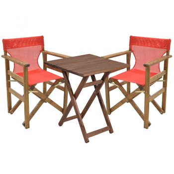 Set de gradina masa si scaune Retto 3 bucati din lemn masiv de fag culoarea nuc, PVC rosu 60x60x71cm