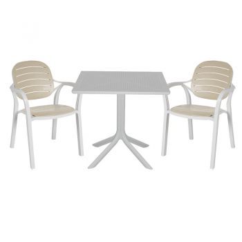 Set de gradina masa si scaune Groovy, Gentle set 3 piese plastic alb, cappuccino 80x80x74.5cm ieftin