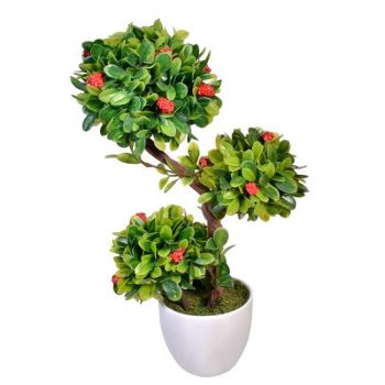 Bonsai artificial cu flori in ghiveci ceramic cu 3 ramuri,verde,30 cm
