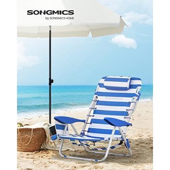 Scaun de plaja, Songmics, Albastru-Alb, 63x68x75 cm la reducere