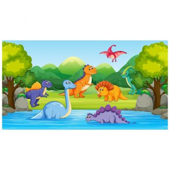 Tapet autoadeziv Premium, textura canvas, Dinozauri multicolori, 130 x 70 cm ieftin