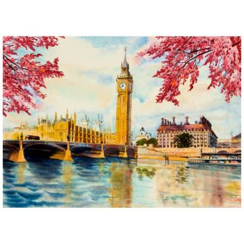 Tapet autoadeziv Premium, textura canvas, Peisaj primavara Londra, Big Ben, 130 x 94 cm