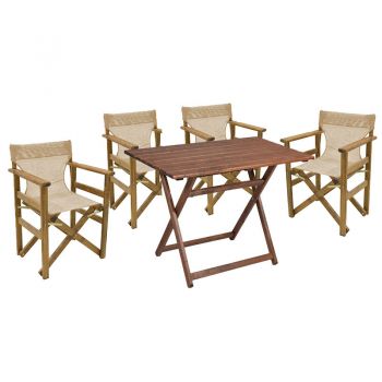Set de gradina masa si scaune Retto 5 bucati din lemn masiv de fag culoarea nuc, PVC bej, ecru 80x60x72cm ieftin