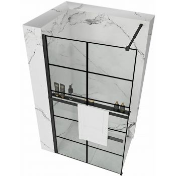 Paravan de duș Rea Bler-1 Evo Squares, cu suport de prosoape și raft, negru - 110 cm