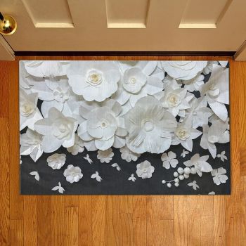 Covoras de intrare Paper flowers, Casberg, 38x58 cm, poliester, alb la reducere