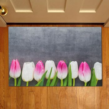 Covoras de intrare Tulips, Casberg, 38x58 cm, poliester, roz/alb/gri la reducere