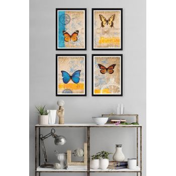Set 4 tablouri decorative Butterfly-104, Tablo center, 34x44 cm, MDF, multicolor