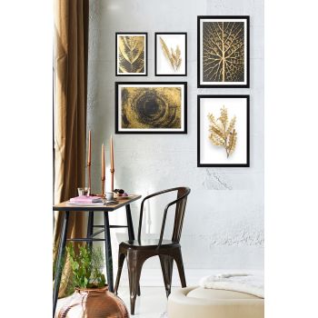 Set 5 tablouri decorative Nature Gold, Tablo center, MDF, multicolor