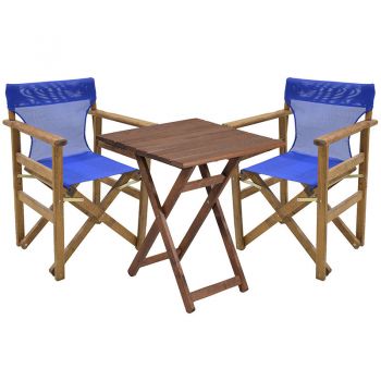 Set de gradina masa si scaune Retto 3 bucati din lemn masiv de fag culoarea nuc, PVC albastru 60x60x71cm