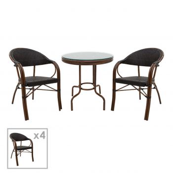 Set mobilier de gradina 5 piese Paula, Pakoworld, masa si 4 scaune, 90x90x75 cm, metal/sticla/ratan sintetic, maro
