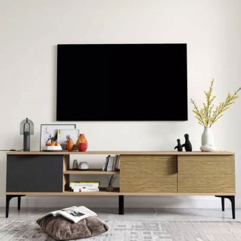 Comoda TV Kowel, Pakoworld, 180x34x51 cm, PAL melaminat, maro/negru/gri inchis