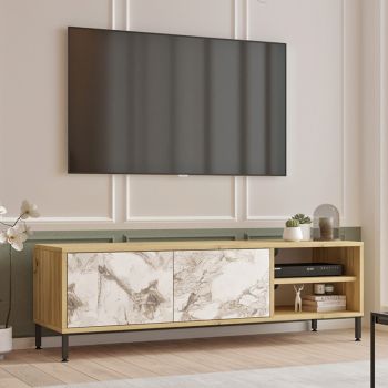 Comoda TV Nella, Pakoworld, 140x40x43.1 cm, PAL/MDF, natural/gri marmorat/negru
