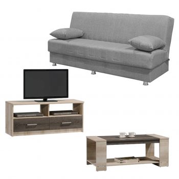 Set mobilier living 3 piese New Living , Pakoworld, canapea extensibila 3 locuri/ masuta / comoda TV, gri/castillo/toro