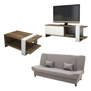 Set mobilier living 3 piese Unique-1, Pakoworld, canapea extensibila 3 locuri / masuta / comoda TV, gri/maro/alb