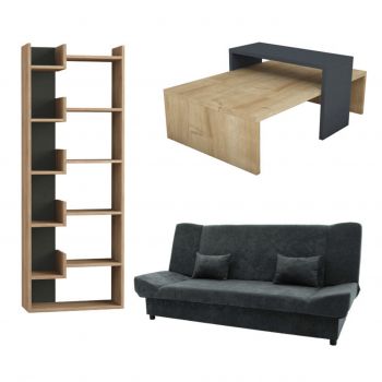 Set mobilier living 3 piese Unique-4, Pakoworld, canapea extensibila 3 locuri / masuta / biblioteca, natural/antracit