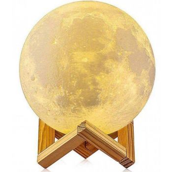 Lampa de veghe 3D Moon Light eMazing cu diametru 13 cm in forma de luna cu stele, lumina multicolora in 16 culori, acumulator integrat, alimentare USB, telecomanda si suport din plastic inclus