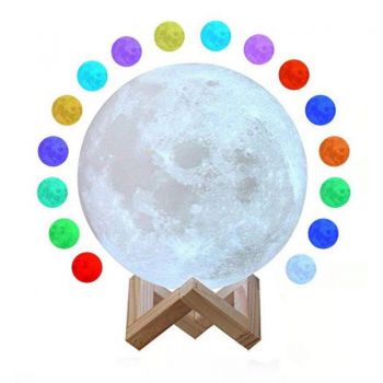 Lampa de veghe luna 3D Moon Light eMazing cu diametru de 18 cm, lumina multicolora LED in 7 culori si schimbare culoare prin atingere, alimentare baterii, suport din plastic inclus