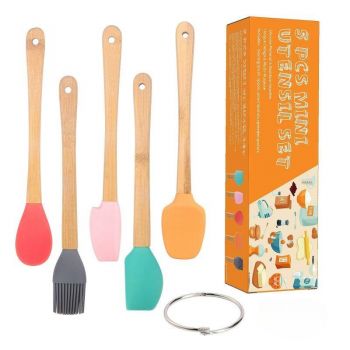 Colecție 5 Mini spatule de silicon eMazing pentru gătit, cu pensulă și mânere din stejar, culori variate